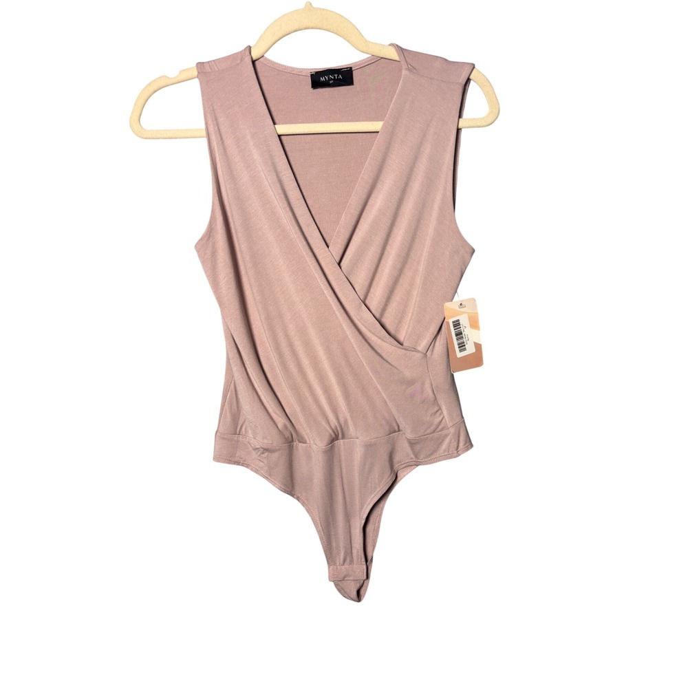 MYNTA Women Bodysuit SP Mauve Pink Wrap V-Neck Sleeveless Surplice Minimalist